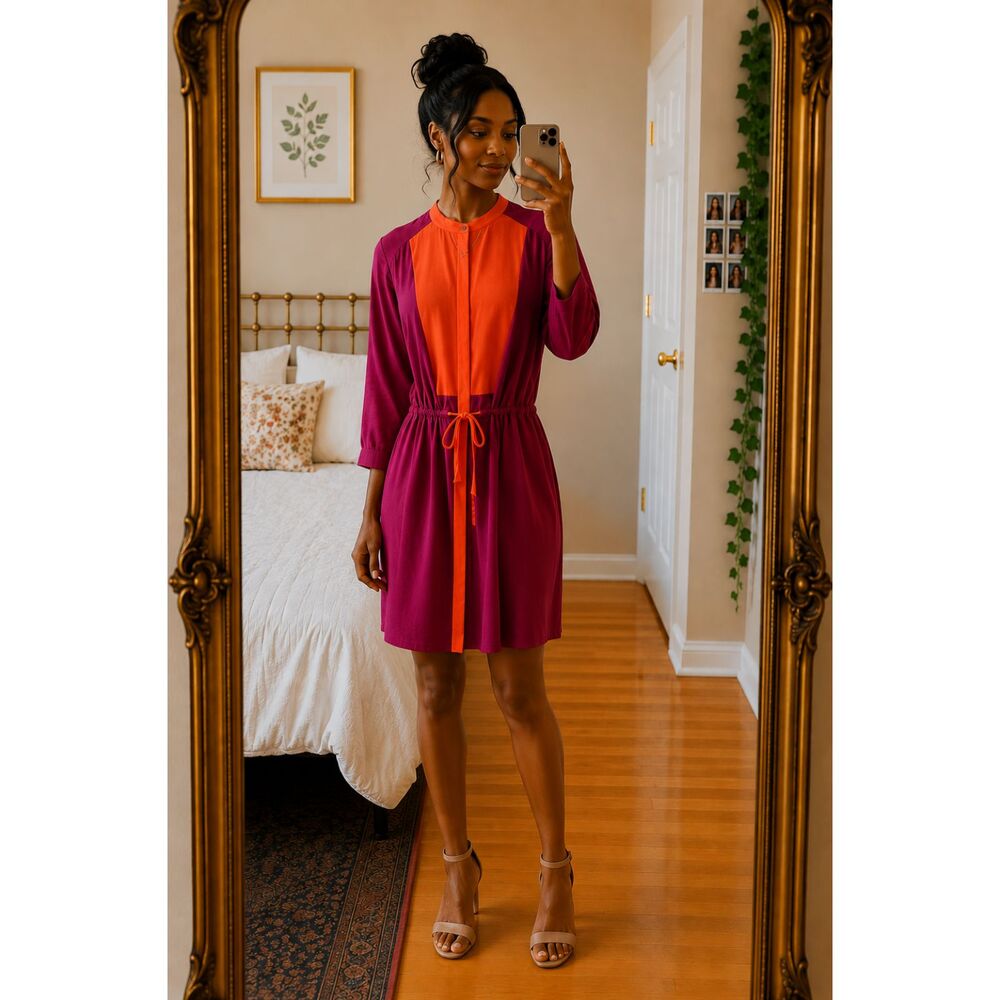 Fossil Rebecca Maroon Orange Silk Colorblock Dress Tie Waist Chic Polished M